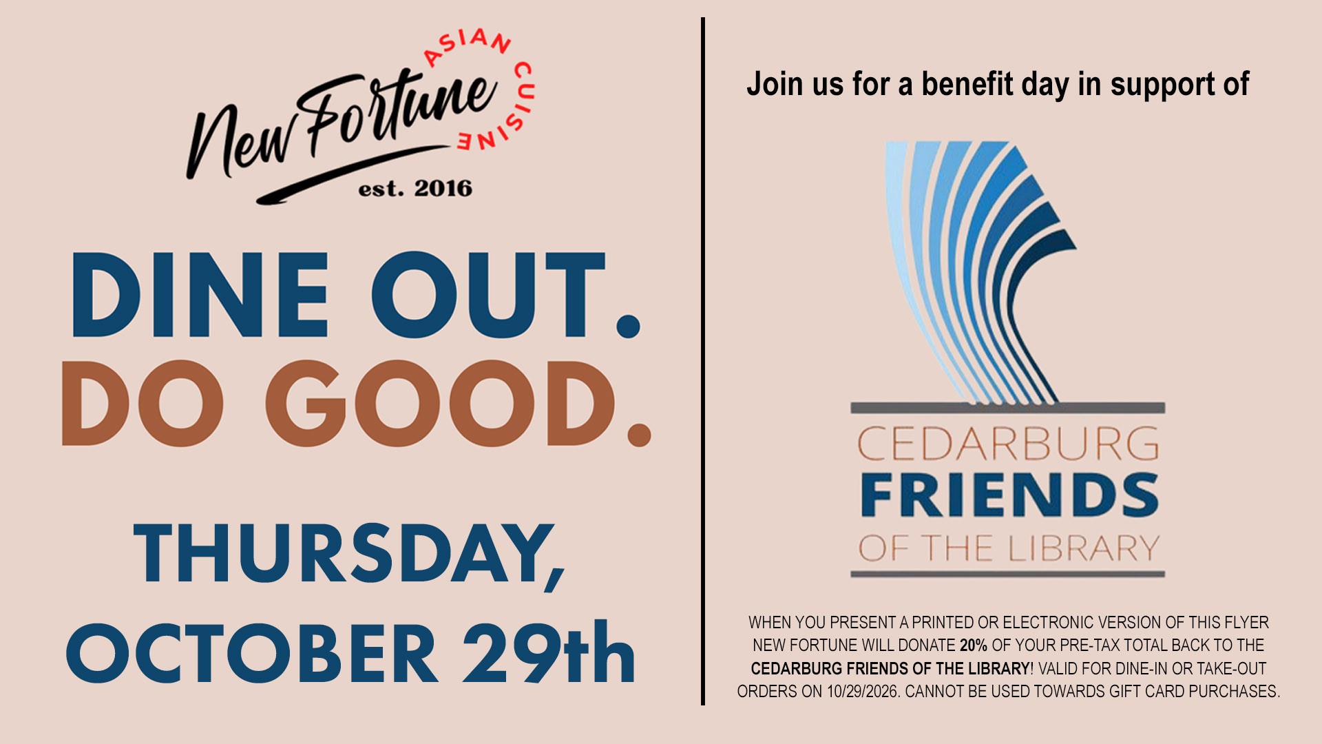 New Fortune fundraiser Thursday October 19 to benefit library. Show flyer or digital image.